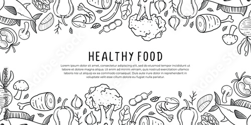 Healthy food banner template. Wholesome nutrition food Doodle drawing.