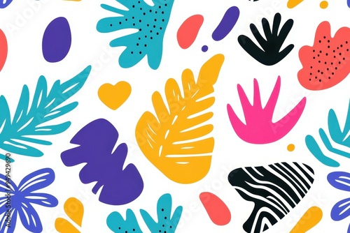 A stunning handdrawn pattern pack featuring flat illustrations in navy, white, red, purple, and green pastel colors.