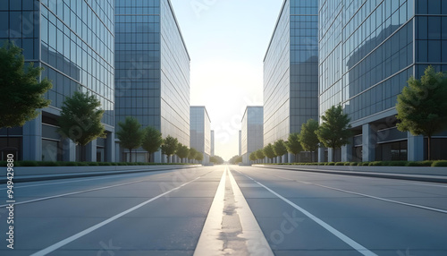 Empty city street lined with tall glass buildings