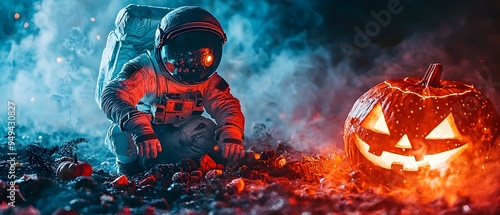 Ghostly Astronaut Celebrates Halloween Festivities on Rugged Martian Surface with Glowing Pumpkin and Billowing Smoke in Eerie Otherworldly Landscape photo