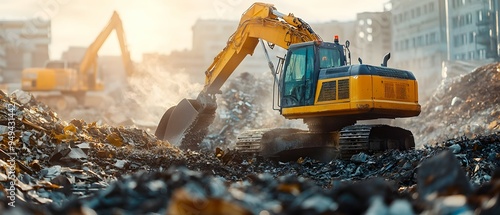 Excavator clearing away debris and rubble at an active industrial construction site showcasing the waste management and byproduct handling process in the metal refining industry photo