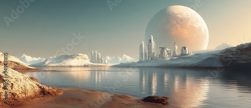 Mission Planning for Offworld Colonization Showcasing the Steps Taken to Establish and Expand Human Settlements on Distant Planets  Futuristic Cityscape with Alien Landscape and Moonscape photo