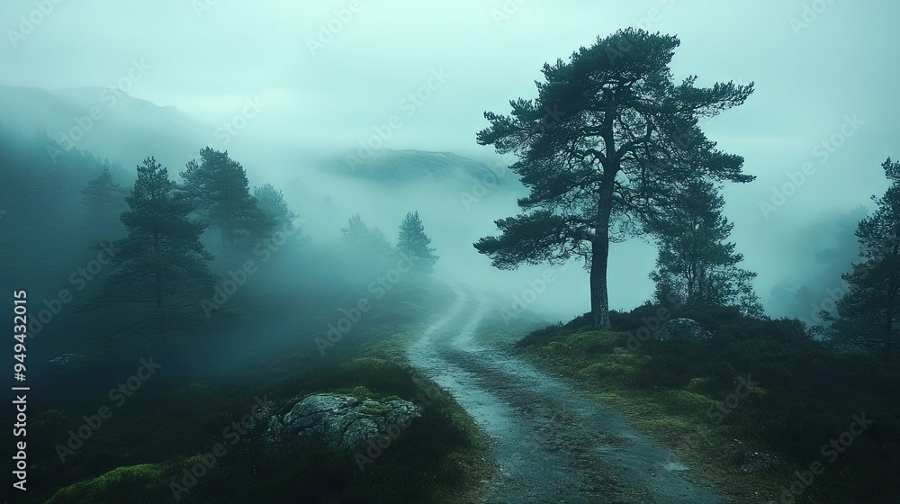 Misty morning with dense fog rolling over a forest Misty morning with dense fog rolling over a forest