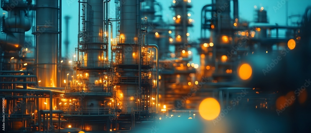 Illuminated Petrochemical Refinery Plant Producing Refined Fuels and Chemical Products from Crude Oil at Night Complex industrial facility with various equipment pipelines Illuminated Petrochemical Refinery Plant Producing Refined Fuels and Chemical Products from Crude Oil at Night Complex industrial facility with various equipment pipelines