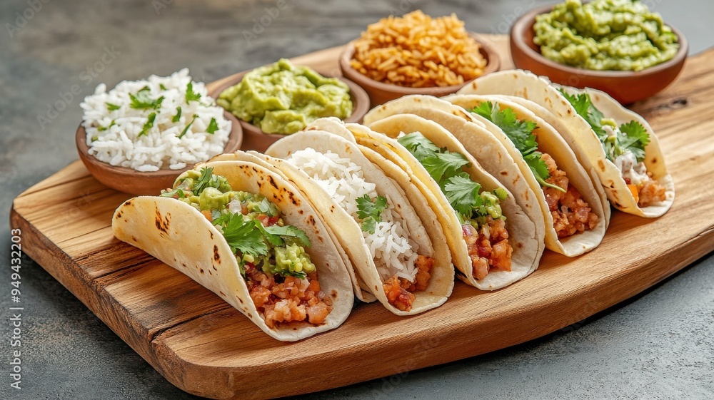 Delicious tacos served on a wooden platter, accompanied by fresh guacamole and rice. Perfect for a foodie celebration. Delicious tacos served on a wooden platter, accompanied by fresh guacamole and rice. Perfect for a foodie celebration.