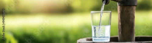 Fresh water flowing from a vintage tap into a clear glass, surrounded by lush greenery, symbolizing purity and hydration.