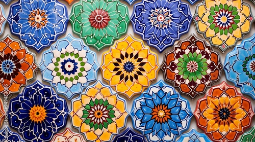 Intricately patterned Moroccan tiles in vivid color background