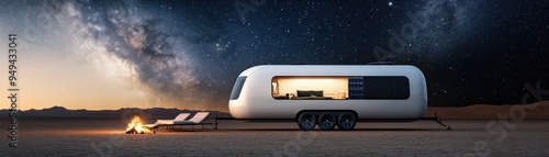 Futuristic trailer in a desert under the starry night sky, showcasing modern architecture and peaceful camping vibes. photo