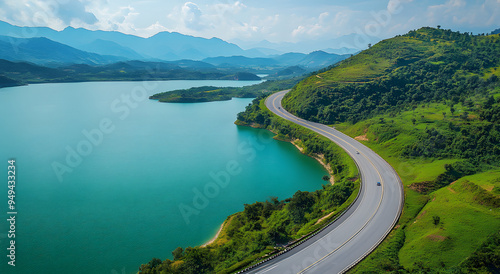 Aerial View of Winding Highway Along a Scenic Lake with Majestic Mountain Range in the Background, Capturing the Beauty of Nature and Engineering, Ideal for Representing Themes of Travel, Adventure, a