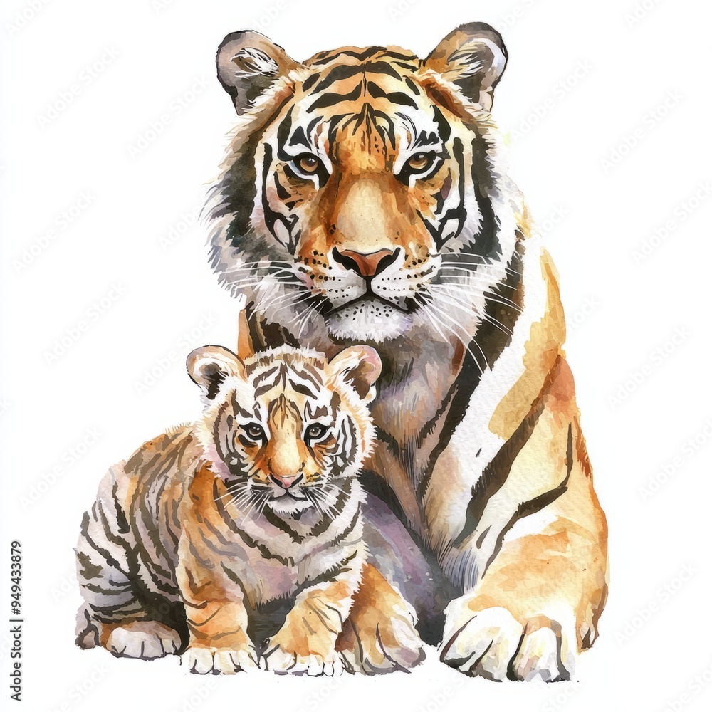 Fototapeta premium watercolor painting of a tiger with its cub, on isolated white background