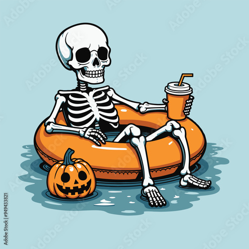 Gothic Skull on Pool Float with Drink and Pumpkin, Dark Vector Illustration
