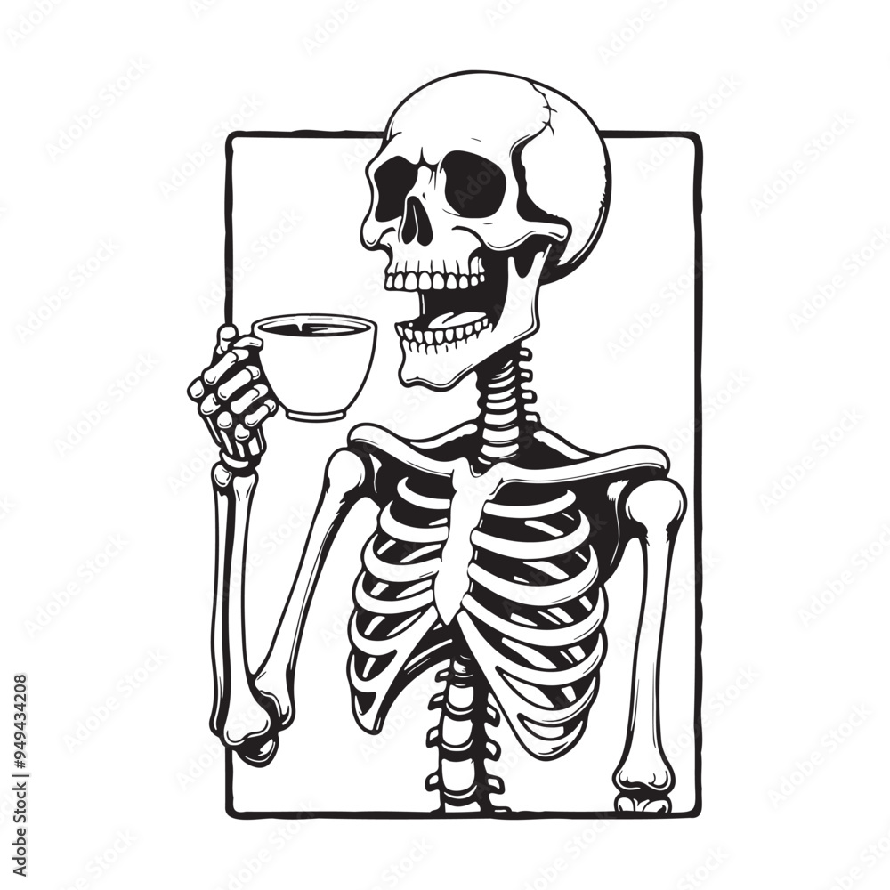Skeleton Enjoying Coffee, Black and White Spooky Vector Illustration Skeleton Enjoying Coffee, Black and White Spooky Vector Illustration