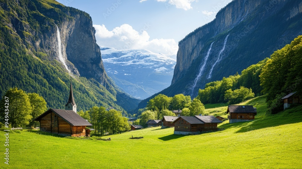 Stunning mountain valley landscape featuring lush greenery, traditional houses, and majestic waterfalls. Perfect for nature lovers. Stunning mountain valley landscape featuring lush greenery, traditional houses, and majestic waterfalls. Perfect for nature lovers.