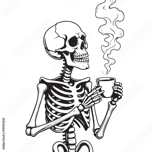 Skeleton Sipping Coffee, Monochrome Halloween Illustration