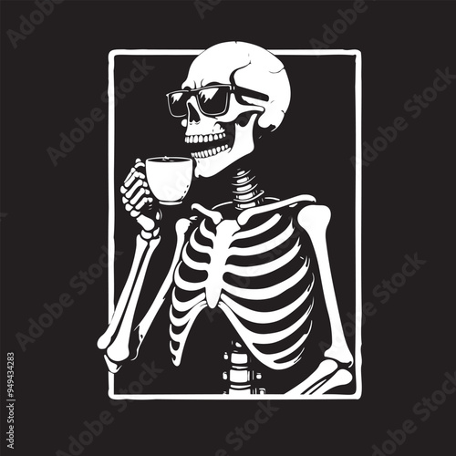 Creepy Skeleton with Coffee, Black and White Retro Art