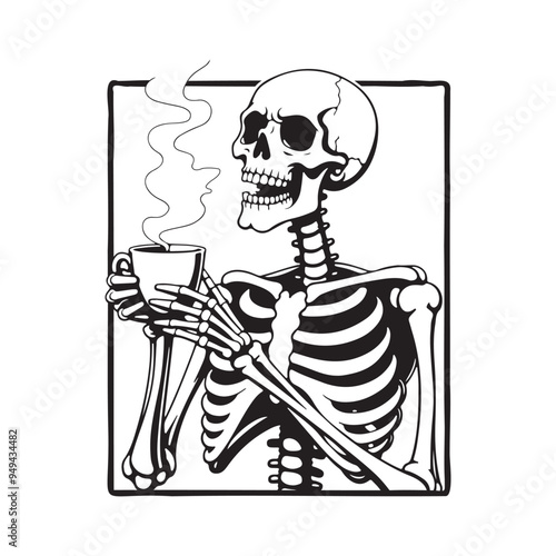 Funny Skeleton Holding Coffee, Monochrome Spooky Graphic