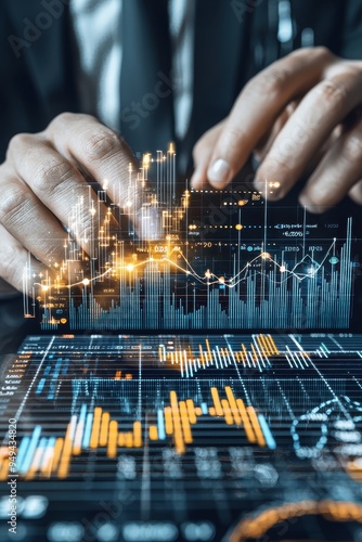 Businessman Analyzing Stock Market Data on Digital Screen