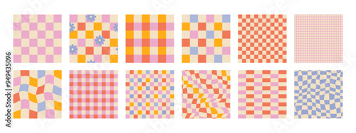 Groovy checkered seamless patterns, vintage aesthetic backgrounds, psychedelic checkerboard texture. Funky hippie fashion textile print, retro background with distorted grid tile vector pattern set