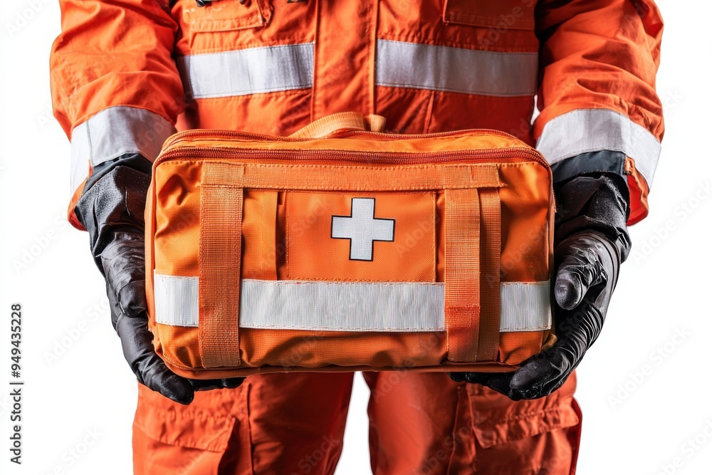 First Aid Kit in the Hands of a Worker. First Aid Kit in the Hands of a Worker.