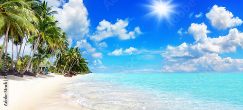 Fototapeta Naklejka Na Ścianę i Meble -  Sea beach paradise tropical island beautiful nature panorama landscape, turquoise ocean water, palm trees, white sand, sun blue sky cloud, summer holiday vacation travel, Caribbean, Maldives, Thailand