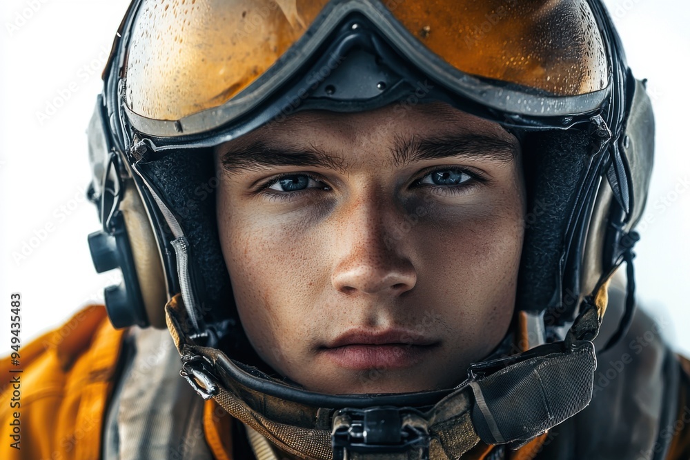 Close-up Portrait of a Pilot Wearing a Helmet with Water Droplets. Close-up Portrait of a Pilot Wearing a Helmet with Water Droplets.