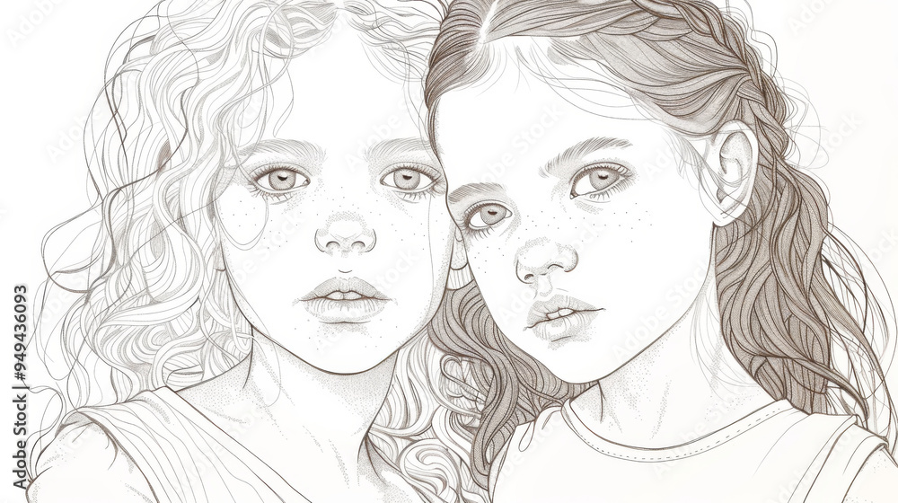 Lifelike pencil drawing of two young girls with expressive eyes and