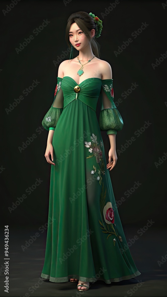 Elegant Woman in a Green Evening Gown with Floral Embroidery Elegant Woman in a Green Evening Gown with Floral Embroidery