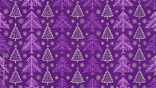 Purple Christmas pattern with trees and snowflakes on a purple background