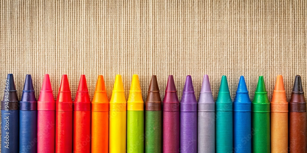 Row of vibrant crayons ready for creativity on blank canvas in Jakarta setting Row of vibrant crayons ready for creativity on blank canvas in Jakarta setting