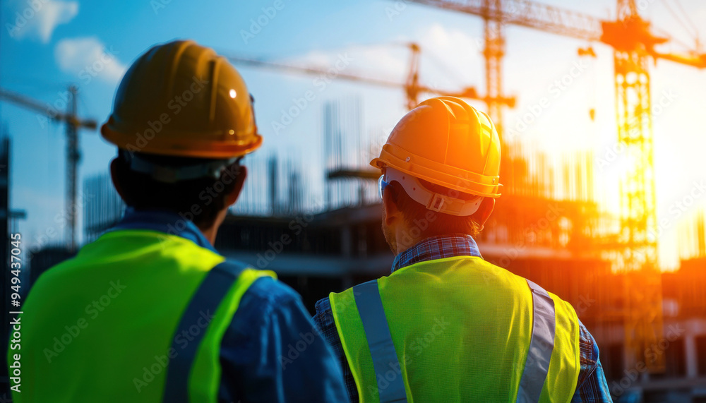 Two construction workers observe the building site during sunset, showcasing teamwork and dedication in the construction industry. Two construction workers observe the building site during sunset, showcasing teamwork and dedication in the construction industry.