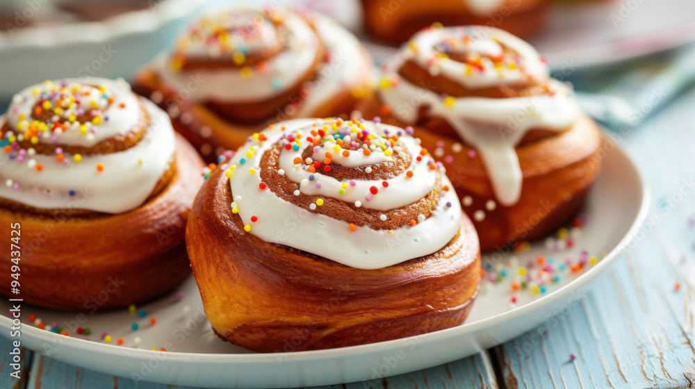 Close-Up of Delicious Cinnamon Rolls with White Frosting and Col Close-Up of Delicious Cinnamon Rolls with White Frosting and Col