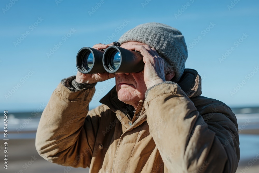 Obraz premium Peering through binoculars on a beach, documentary photography, with copy space