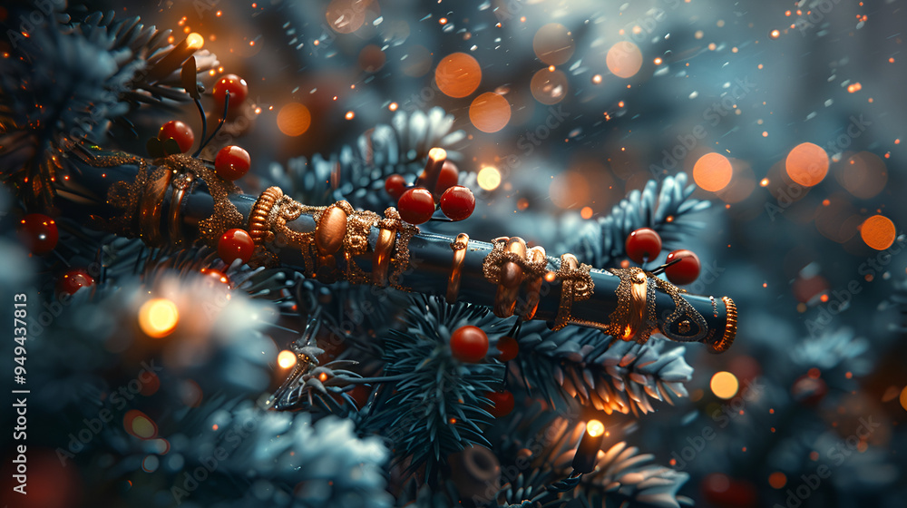 a close-up of a Christmas tree branch with red berries and gold ornaments. a close-up of a Christmas tree branch with red berries and gold ornaments.