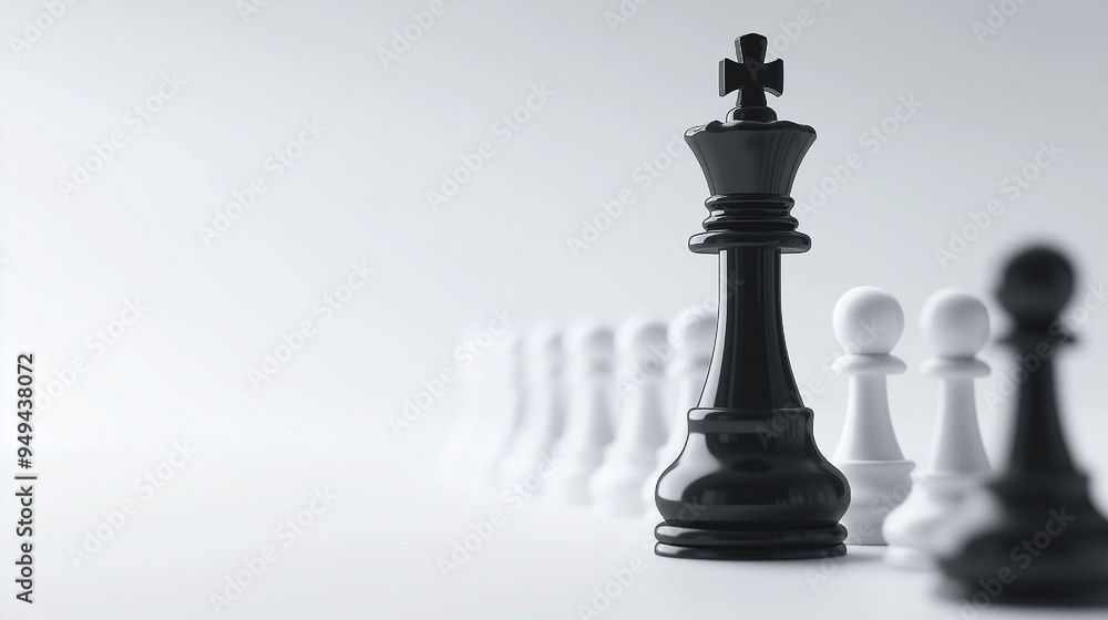Black chess king standing ahead of white pawns on white background. Strategy and competition concept. Generative AI Black chess king standing ahead of white pawns on white background. Strategy and competition concept. Generative AI