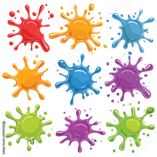 Colored splashes. Red, green, orange, blue, brown and pink cartoon slime set on white background. Paint Drops, Paint can, Blots, Splats collections, Colored blots. 