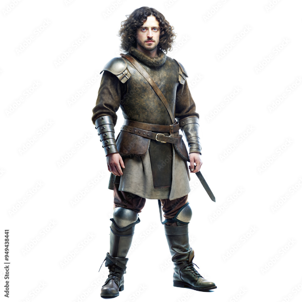 full body picture of 25 year old medieval soldier with brown curly hair in boots on  isolated background,
