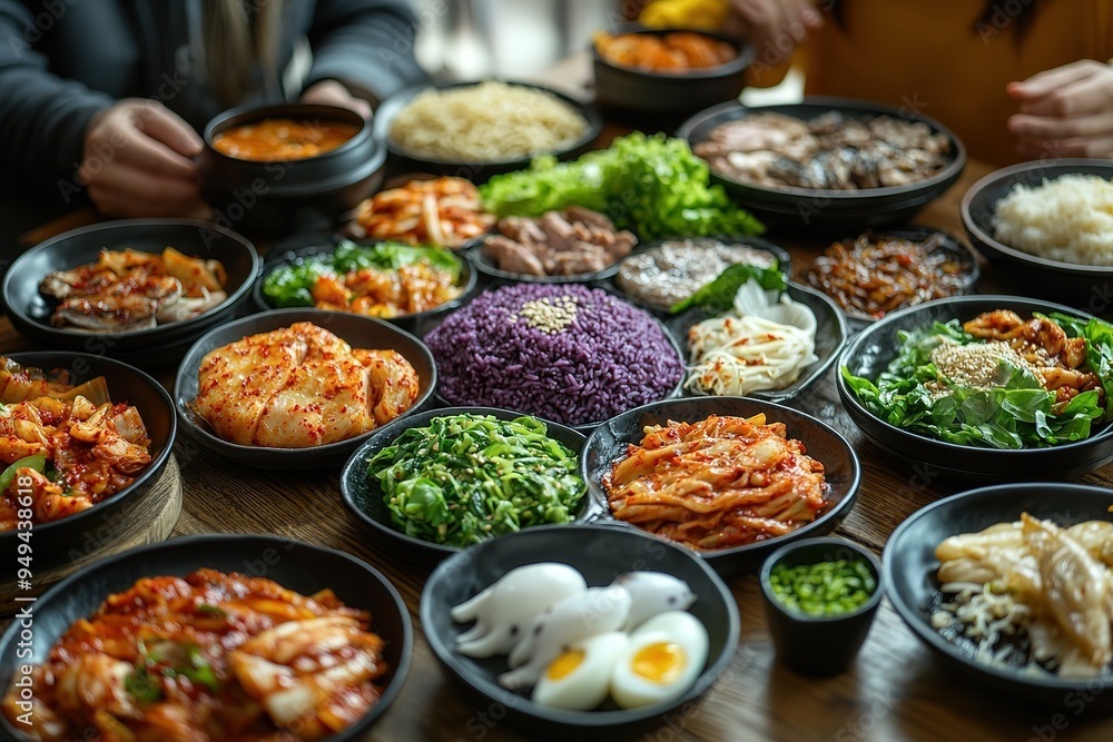 A table full of Asian food with a purple bowl in the middle A table full of Asian food with a purple bowl in the middle