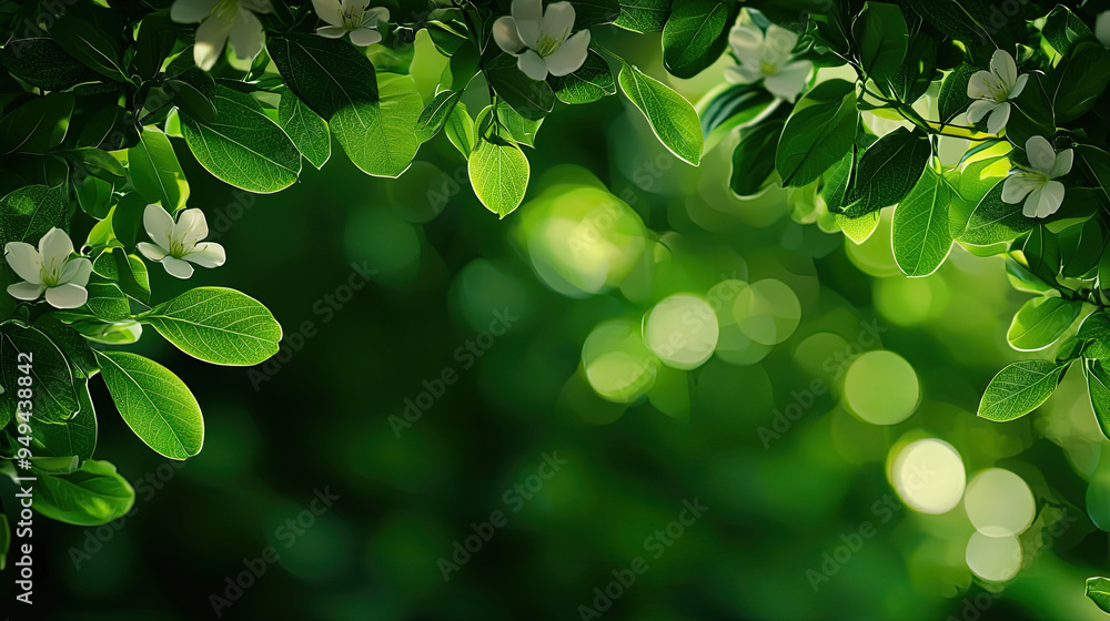 A vibrant collection of green leaves and delicate white flowers, creating a serene and refreshing natural atmosphere. A vibrant collection of green leaves and delicate white flowers, creating a serene and refreshing natural atmosphere.