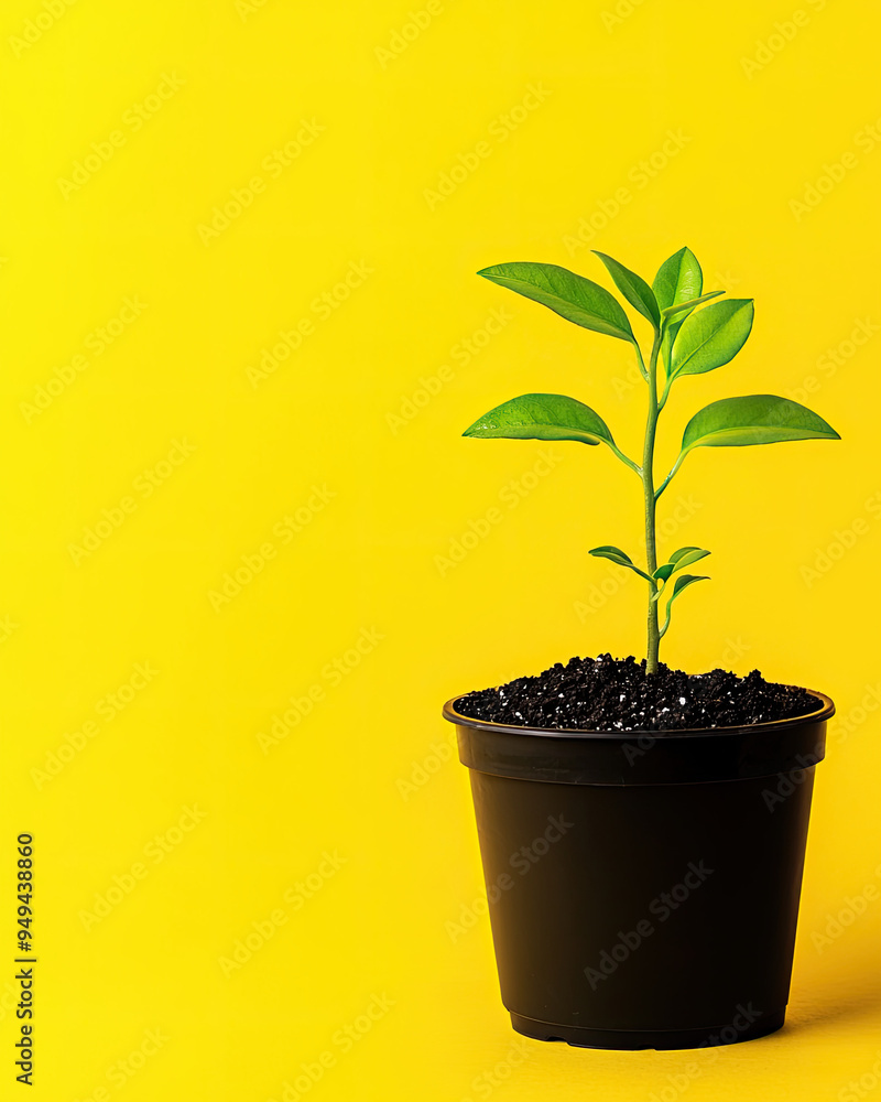 A vibrant green plant growing in a black pot against a cheerful yellow background, symbolizing growth and nature. A vibrant green plant growing in a black pot against a cheerful yellow background, symbolizing growth and nature.