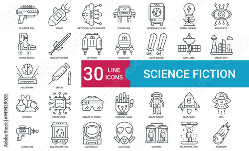 Science Fiction icon collection set with blaster gun, artificial intelligence, flying car,  satellite, science