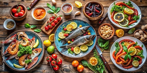 Wallpaper Mural Mediterranean seafood feast on a sunny table with fresh seafood, fruits, and salad spread on a rustic wooden table Torontodigital.ca