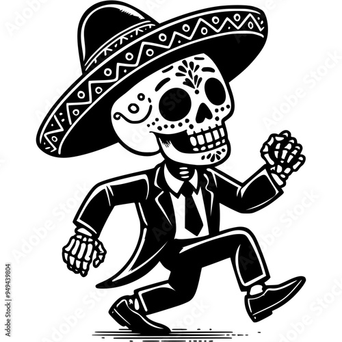 Cheerful street dancer in a skeleton costume and a Mexican sombrero hat in monochrome. Simple minimalistic vector in black ink drawing on transparent background