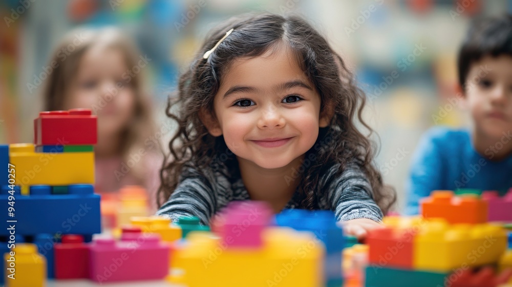 Children engaged in building with bright colored blocks in a lightly decorated indoor room Children engaged in building with bright colored blocks in a lightly decorated indoor room