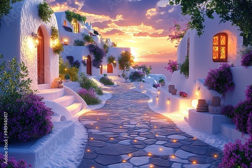 Fototapeta Naklejka Na Ścianę i Meble -  A street with houses and a walkway with purple flowers