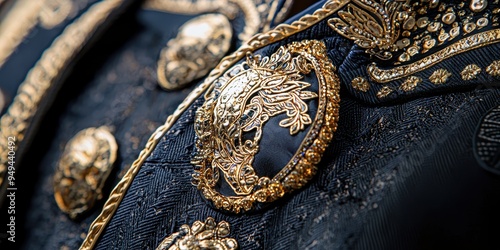 Closeup of Ornate Gold Button on Black Fabric