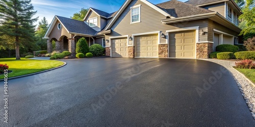 Glistening asphalt driveway with fresh sealcoat, showcasing well-maintained residential exterior photo