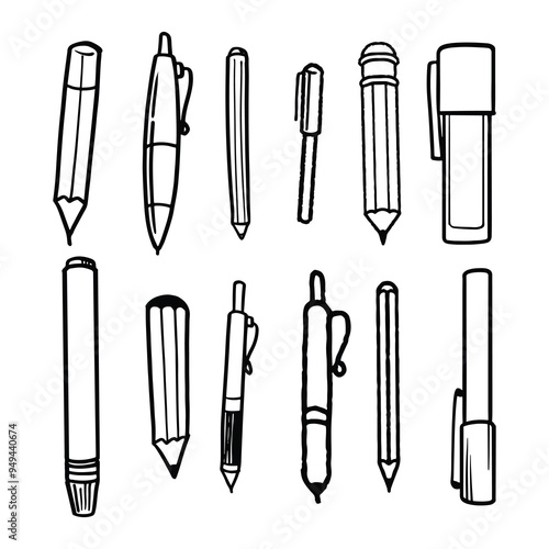 Assorted Writing Tools Line Art. Doodle drawing including pencils, pens, and a marker.