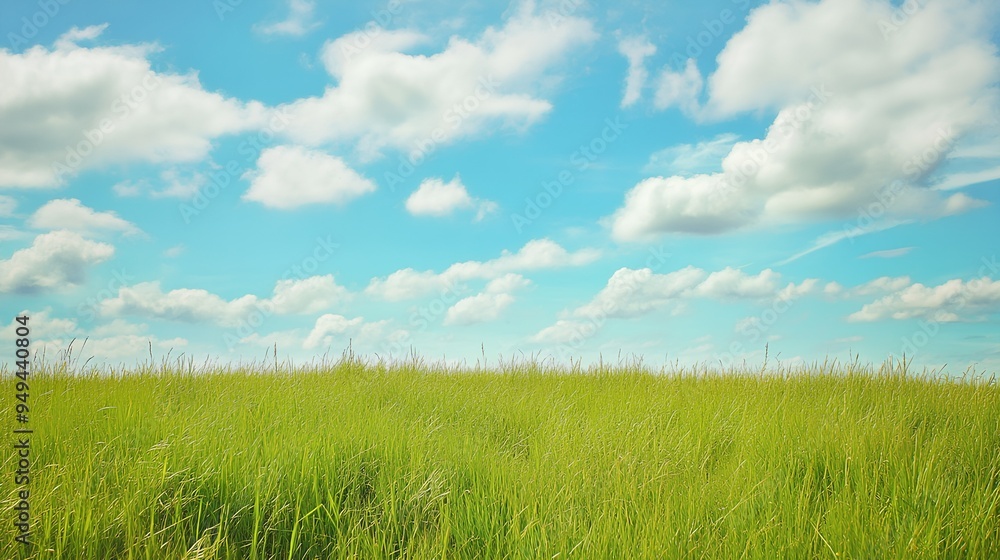 Grassy field under a blue sky with scattered clouds Grassy field under a blue sky with scattered clouds