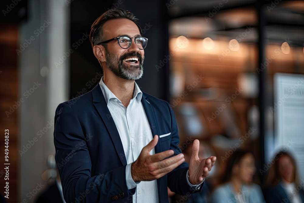 Smiling Businessman Delivering Presentation to Audience Smiling Businessman Delivering Presentation to Audience
