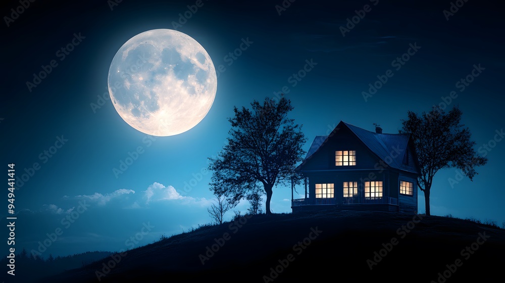 Silhouette of a haunted house on a hill with a full moon in the background Silhouette of a haunted house on a hill with a full moon in the background